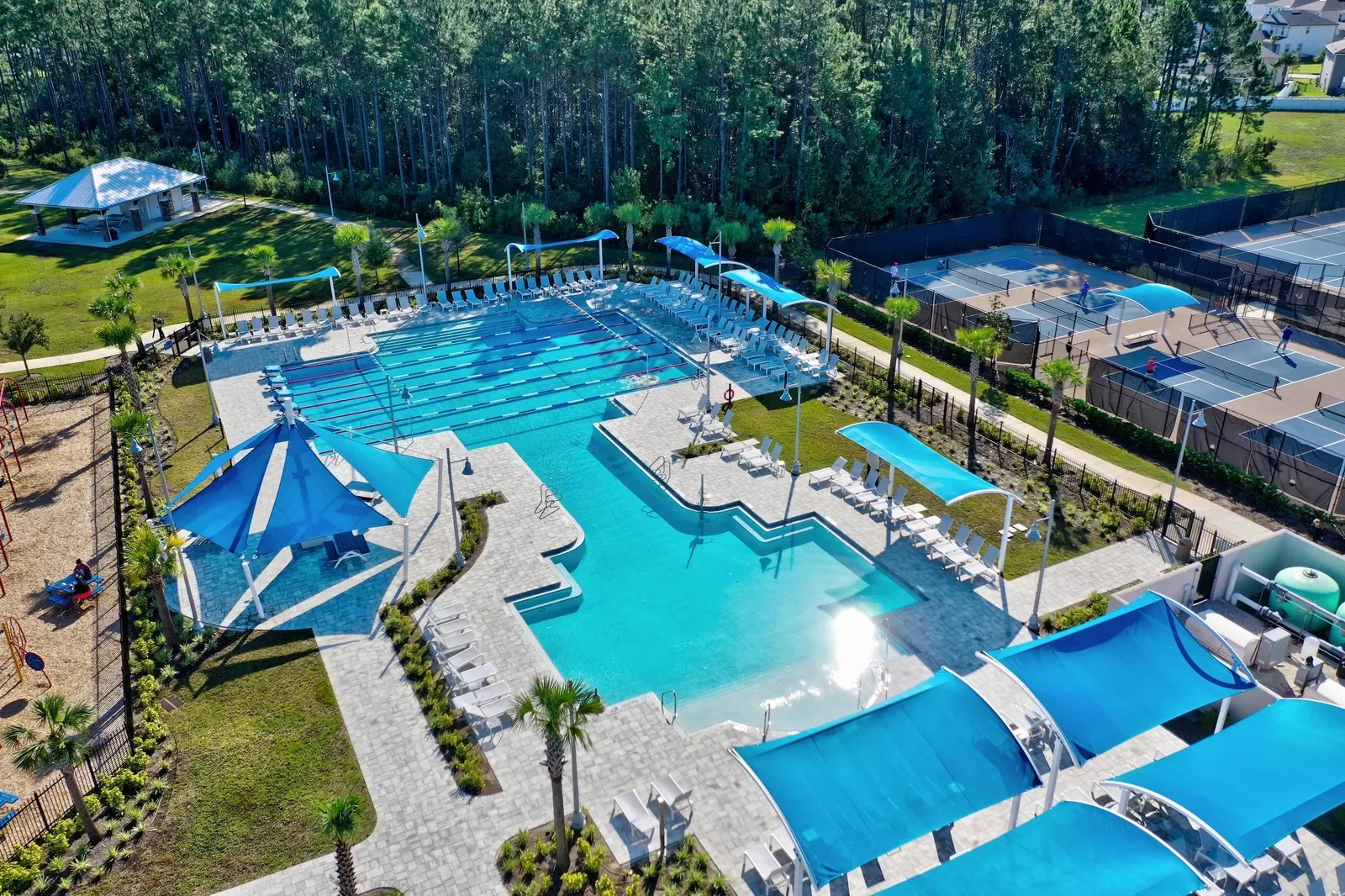 Aerial of a community pool complex in North Florida. Drone photography by Megapixeler