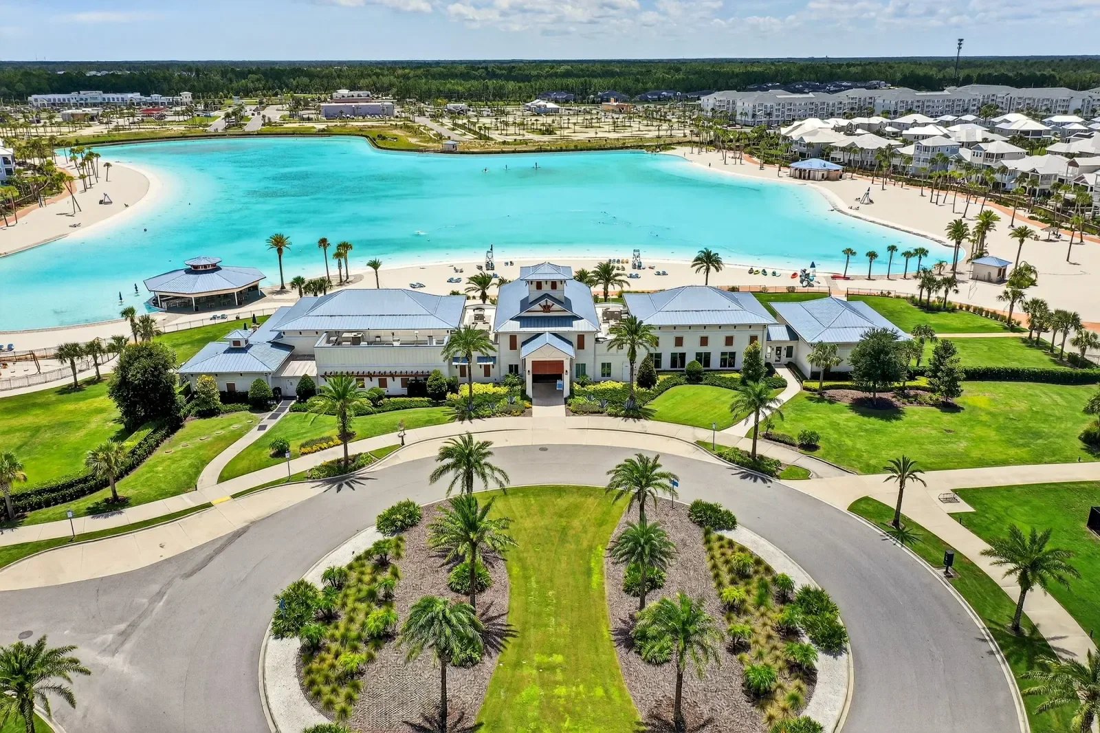 Aerial of a crystal lagoon amenity center in St. Johns, FL. Drone photography by Megapixeler