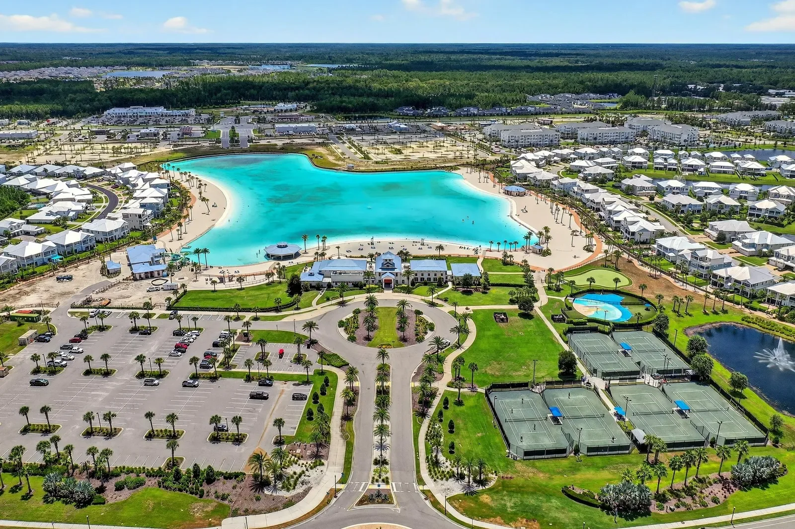 Aerial of a crystal lagoon amenity center in St. Johns, FL. Drone photography by Megapixeler