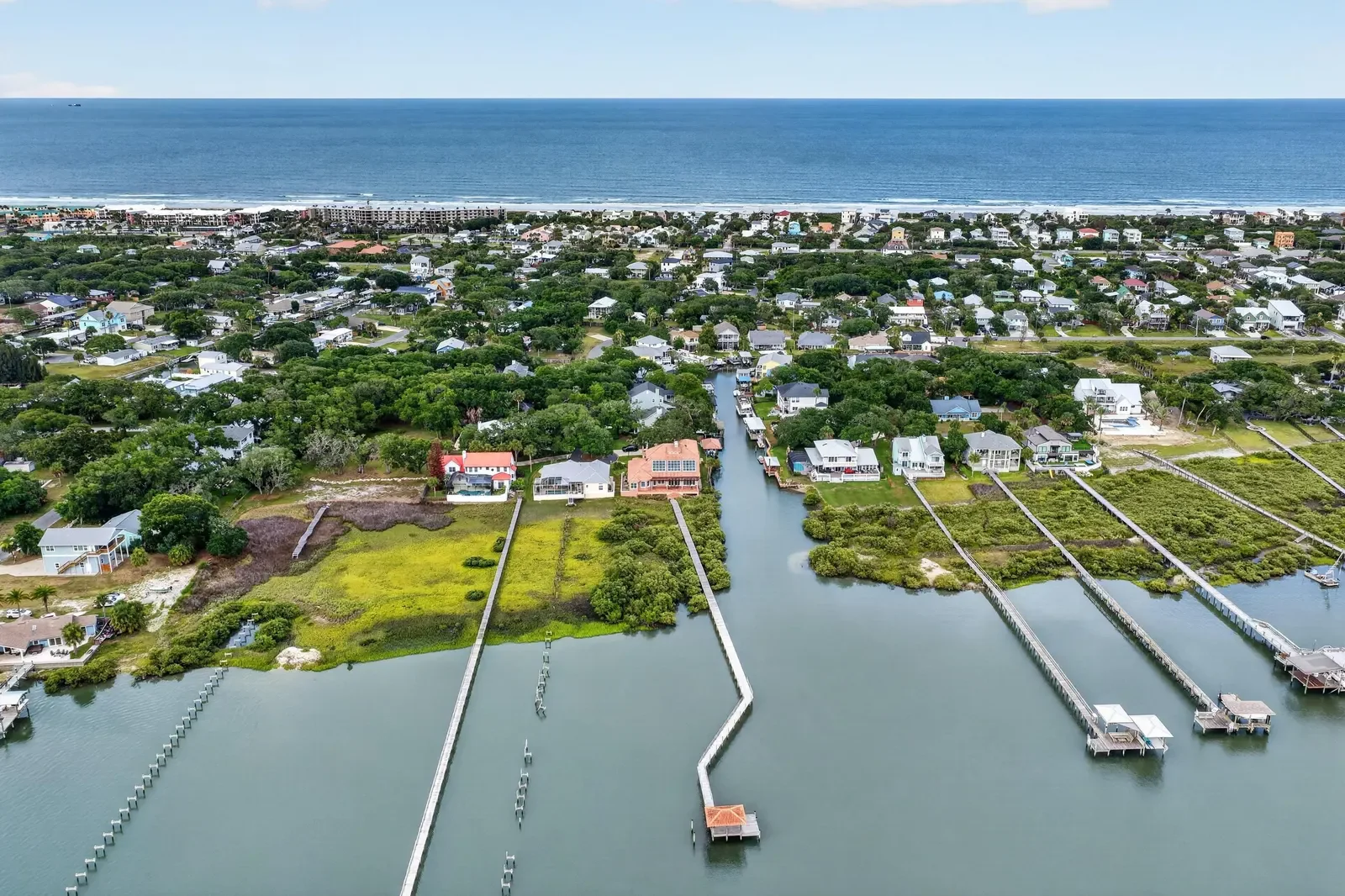 Aerial of St. Augustine canals, docks and the Atlantic coast in North Florida. Drone photography by Megapixeler