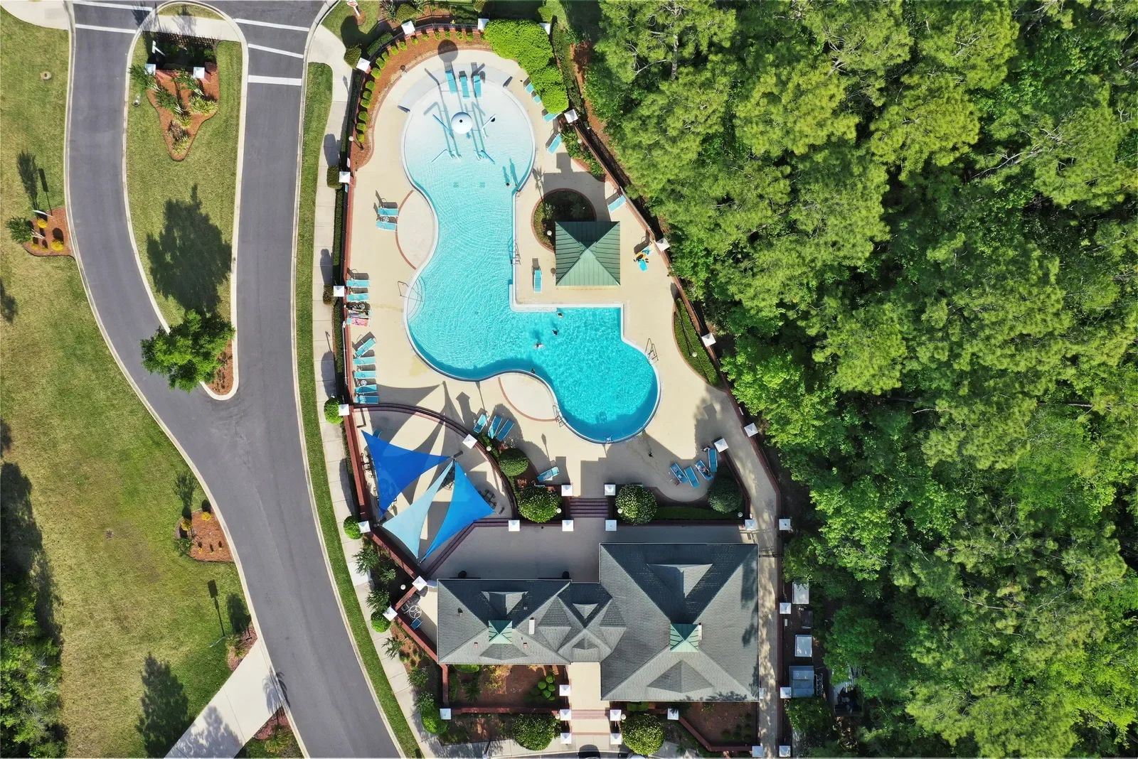 Bird's-eye drone photo of a resort-style backyard pool in Jacksonville, FL. Drone photography by Megapixeler