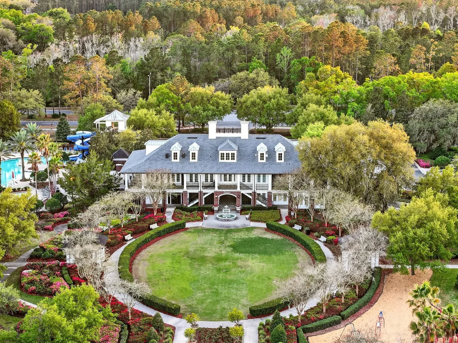 Drone photo of a waterfront estate and formal gardens in North Florida. Drone photography by Megapixeler