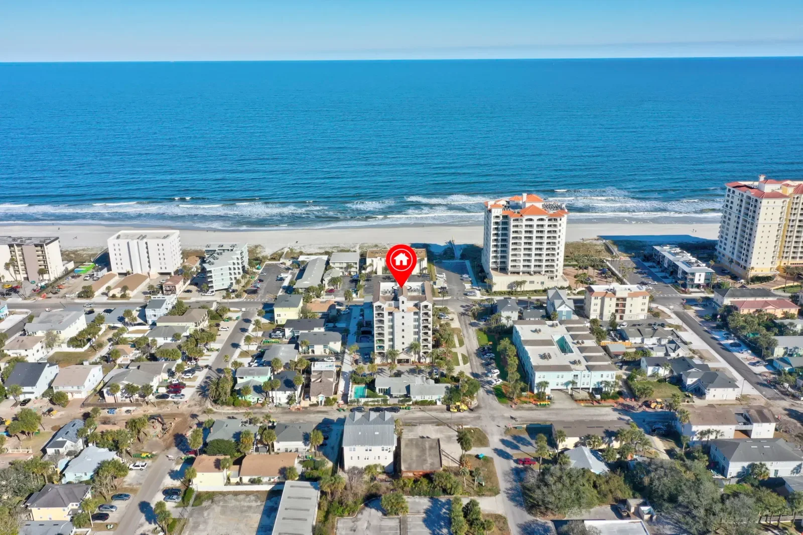 Drone photo with location pin near the Atlantic beach in North Florida. Drone photography by Megapixeler