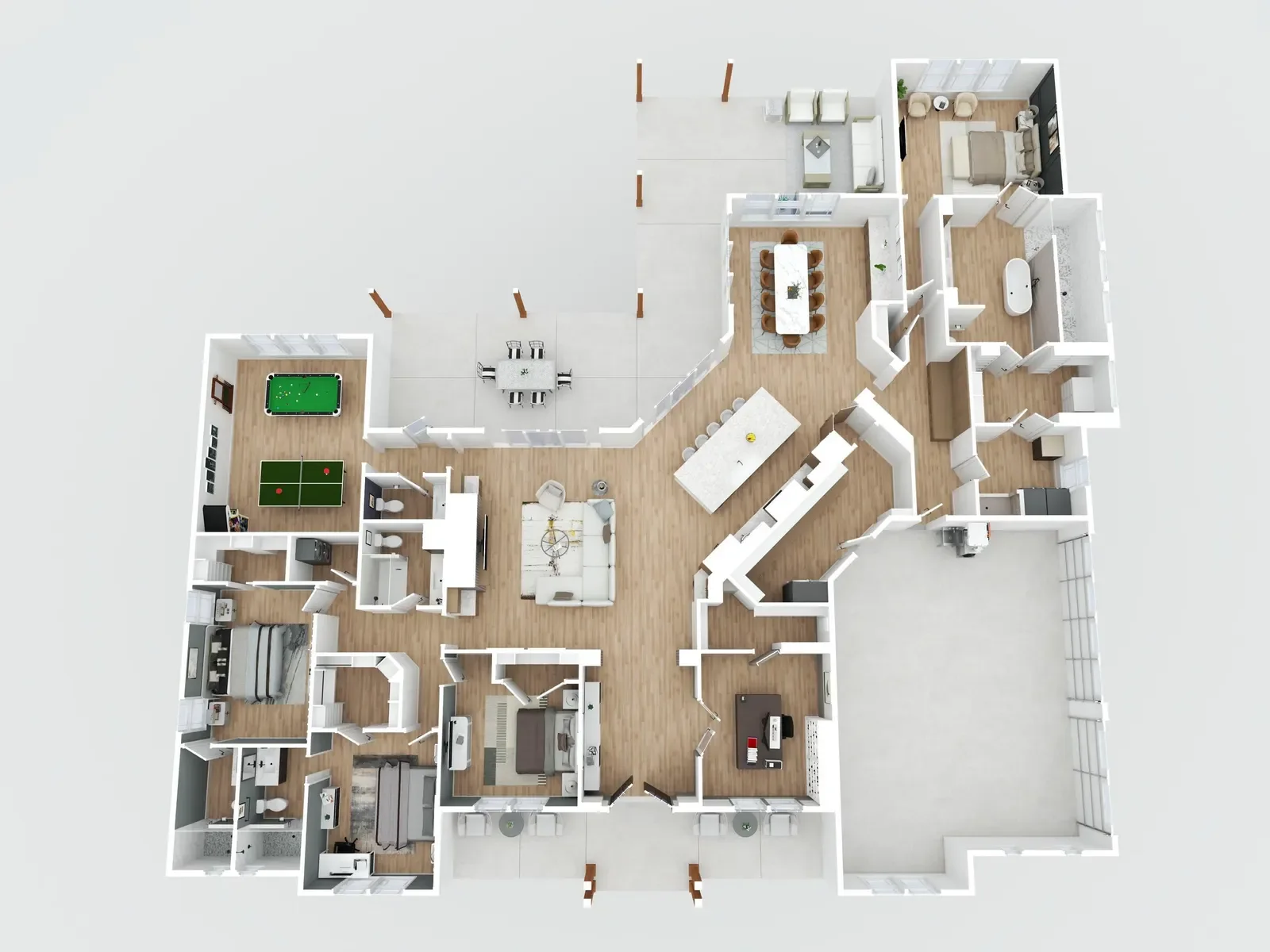 Furnished 3D floor plan of a single-story home, WT Construction in North Florida. Floor plan by Megapixeler