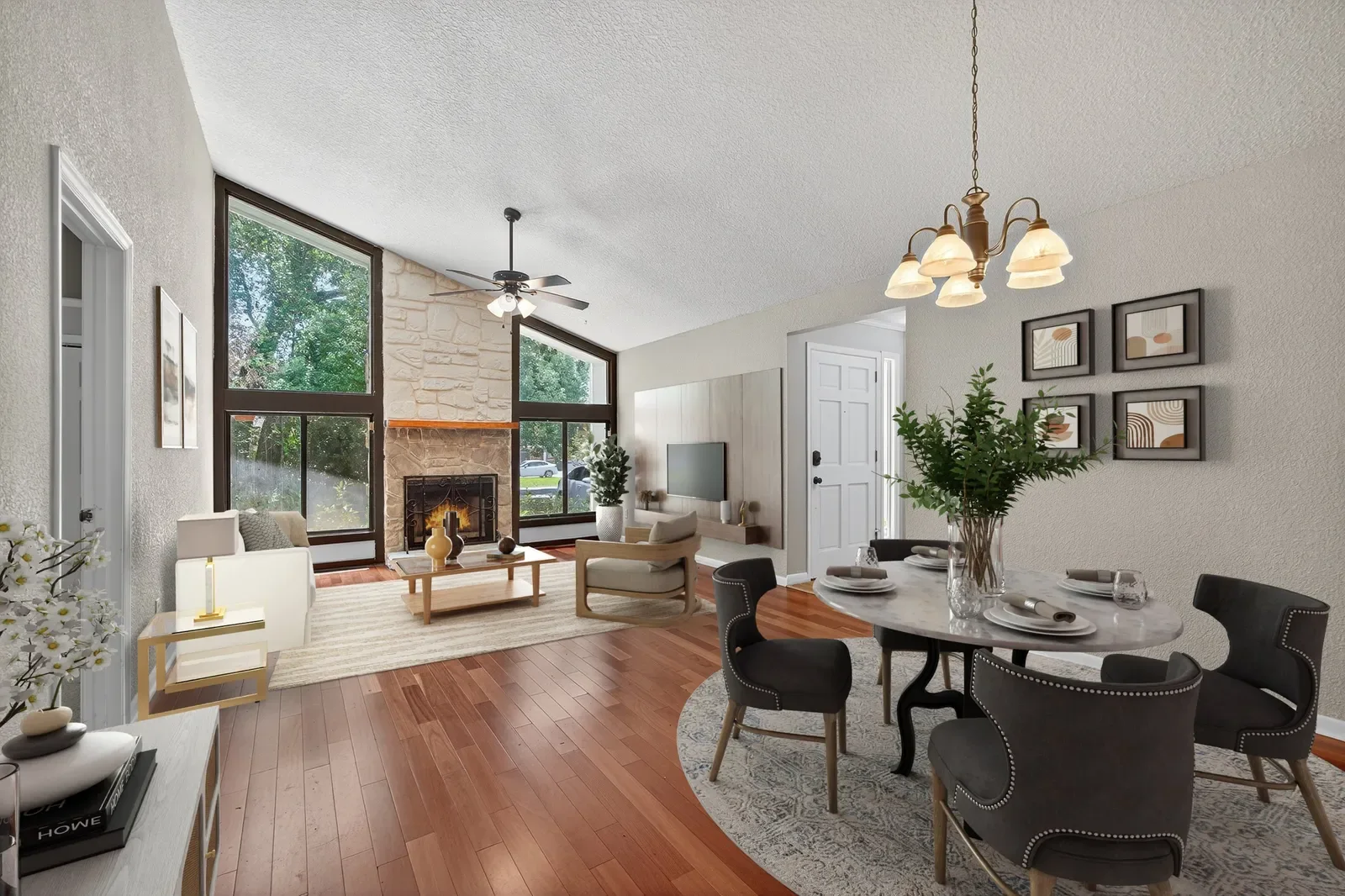 Living room staged with dining area in North Florida. Virtual staging by Megapixeler