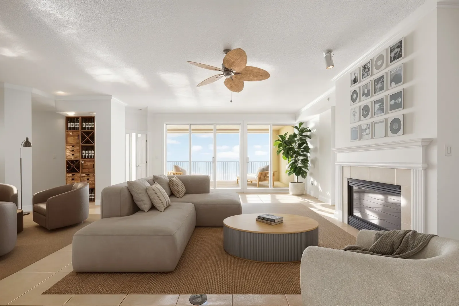 Oceanfront condo living room after high-end virtual staging in North Florida. Virtual staging by Megapixeler
