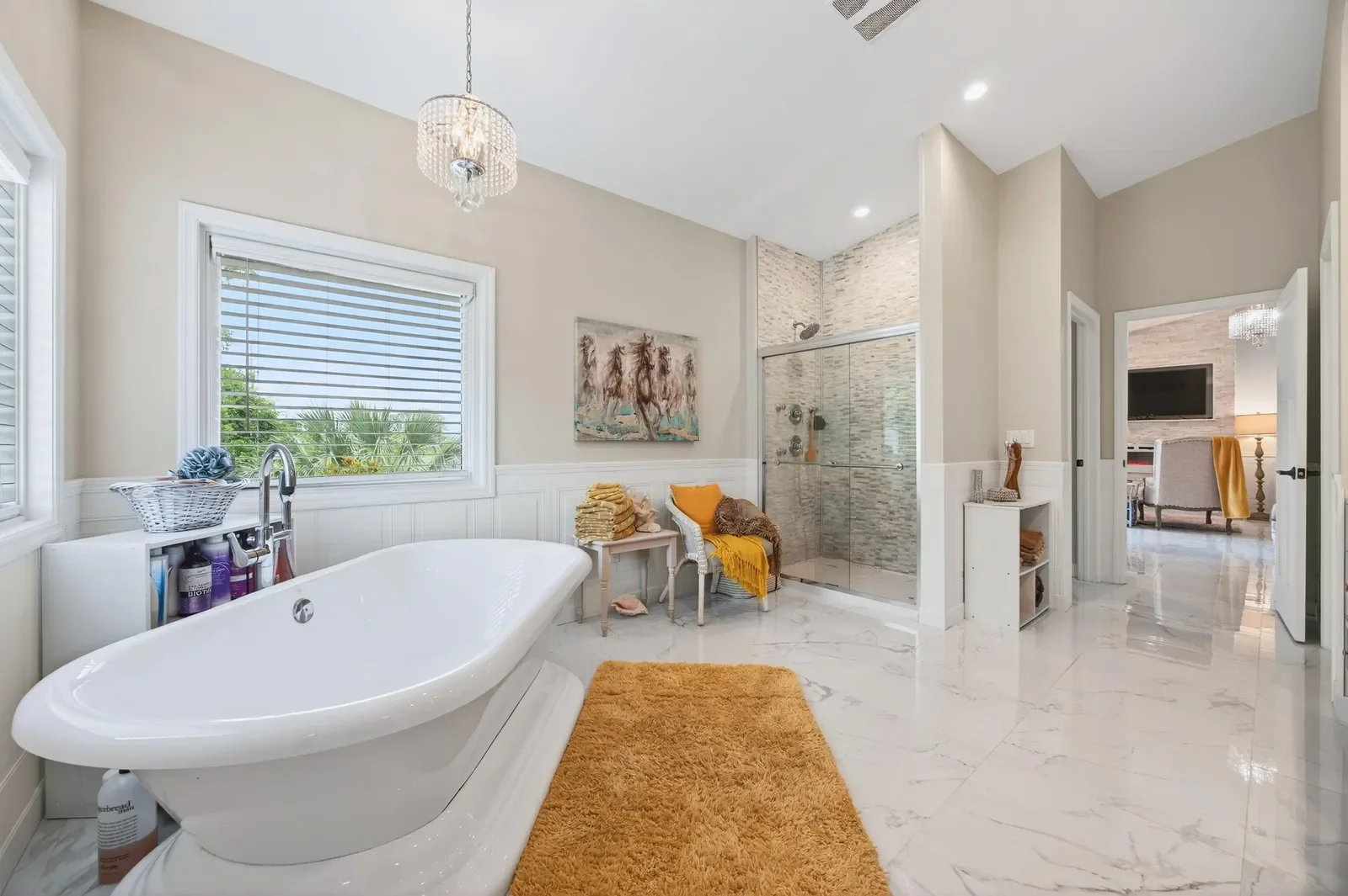 Primary bath with freestanding tub in Pomona Park, FL. Real estate photography by Megapixeler