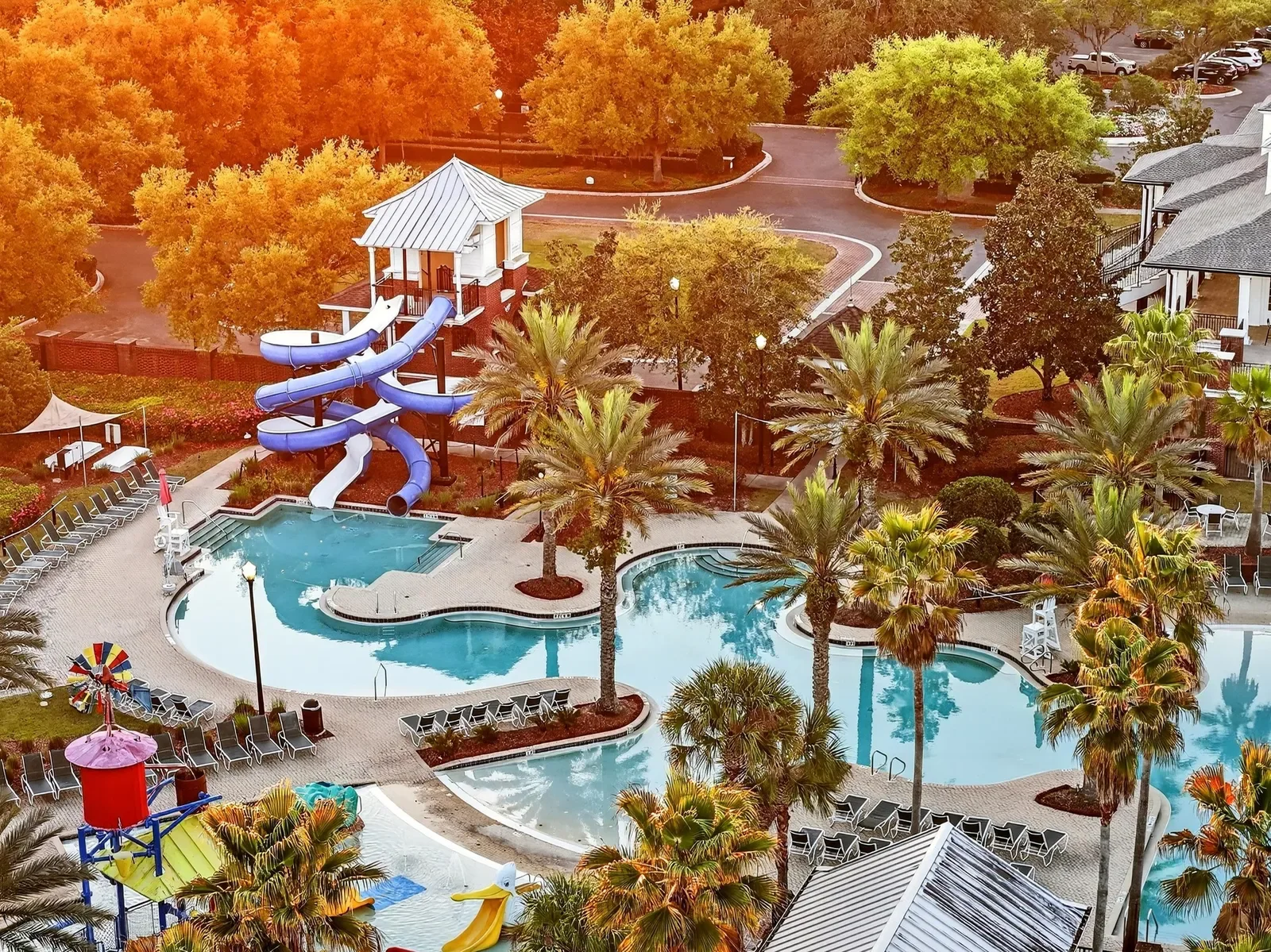 Water park with slides at OakLeaf Plantation in Orange Park, FL. Community amenity photography by Megapixeler